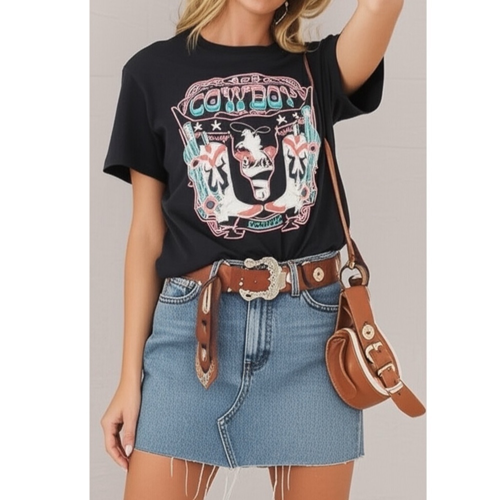 Black 100% Cotton Cowboy Longhorn Graphic T Shirt Short Sleeve Western Small New